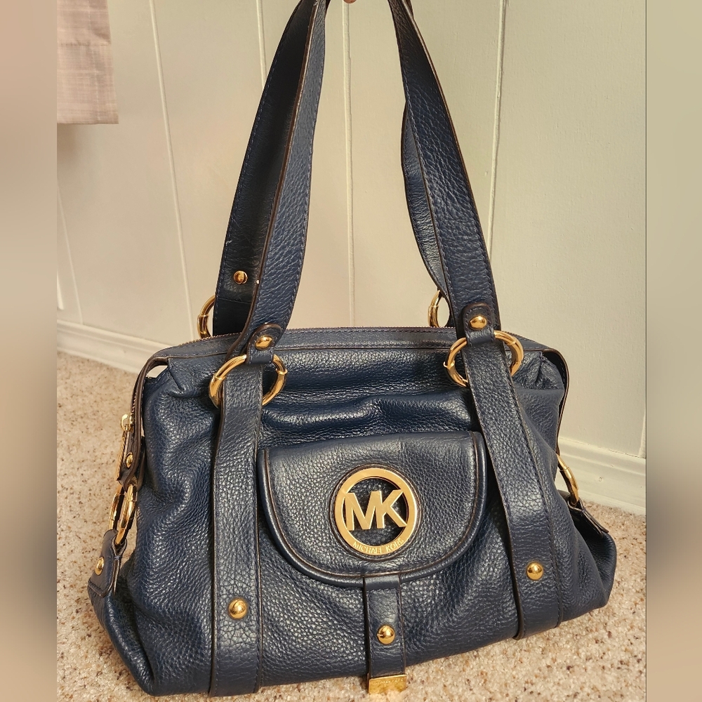Michael Kors Navy Blue Shoulder Bag with Gold Accents